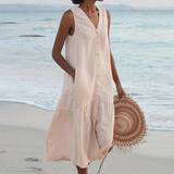 Button Front Sleeveless Midi Dress