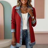 Collared Patchwork Denim Jacket with Button Front