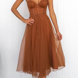 Lace Corset Midi Dress with Flared Skirt