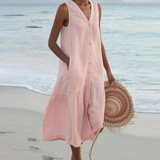 Button Front Sleeveless Midi Dress