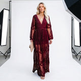 Women's Lace Trim Sheer Maxi Dress