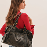 Distressed Leather Tote Bag with Braided Trim
