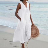 Button Front Sleeveless Midi Dress