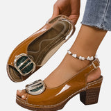 Women's Glossy Leather-Look Ankle Strap Block Heels