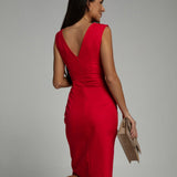 Women's Wrap V-Neck Ruched Bodycon Midi Dress