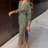 Women's Twist-Front V-Neck Long Sleeve Midi Dress