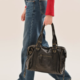 Distressed Leather Tote Bag with Braided Trim