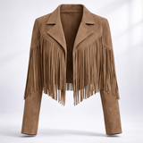 Women's Cropped Fringe Suede Jacket, Notch Collar