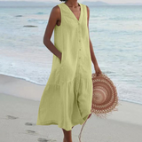 Button Front Sleeveless Midi Dress