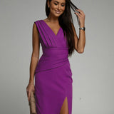 Women's Wrap V-Neck Ruched Bodycon Midi Dress
