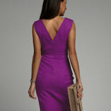 Women's Wrap V-Neck Ruched Bodycon Midi Dress