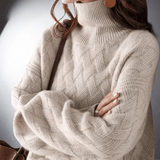 Women's Lightweight Camel Autumn Cable Knit Oversized Roll Neck Jumper