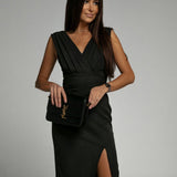 Women's Wrap V-Neck Ruched Bodycon Midi Dress