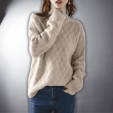 Women's Lightweight Camel Autumn Cable Knit Oversized Roll Neck Jumper