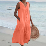 Button Front Sleeveless Midi Dress