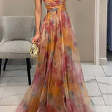 Women's One Shoulder Floral Chiffon Maxi Dress