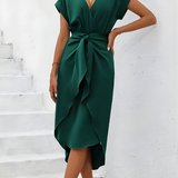 Women's V-Neck Wrap Midi Dress, Tie Waist