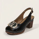 Women's Glossy Leather-Look Ankle Strap Block Heels