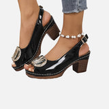 Women's Glossy Leather-Look Ankle Strap Block Heels