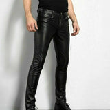 Men's Slim Fit PU Leather Trousers in Black