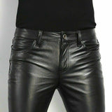 Men's Slim Fit PU Leather Trousers in Black