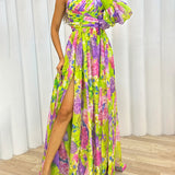Women's One Shoulder Floral Print Maxi Dress