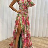 Women's One Shoulder Floral Print Maxi Dress