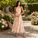 Women's Sleeveless Cutout Waist Watercolour Maxi Dress