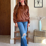 Women's Casual Bomber Jacket with Zip Closure