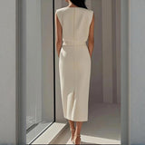 Women's Tailored Midi Dress, Round Neck and Slit