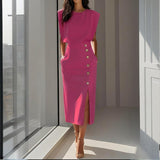Women's Tailored Midi Dress, Round Neck and Slit