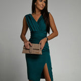 Women's Wrap V-Neck Ruched Bodycon Midi Dress