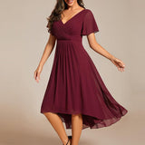 Women's Pleated Wrap Midi Dress with Asymmetric Hem