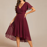 Women's Pleated Wrap Midi Dress with Asymmetric Hem