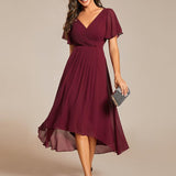Women's Pleated Wrap Midi Dress with Asymmetric Hem