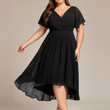 Women's Pleated Wrap Midi Dress with Asymmetric Hem