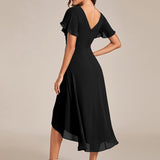 Women's Pleated Wrap Midi Dress with Asymmetric Hem