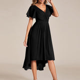 Women's Pleated Wrap Midi Dress with Asymmetric Hem
