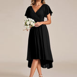 Women's Pleated Wrap Midi Dress with Asymmetric Hem
