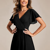 Women's Pleated Wrap Midi Dress with Asymmetric Hem