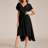 Women's Pleated Wrap Midi Dress with Asymmetric Hem