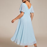 Women's Pleated Wrap Midi Dress with Asymmetric Hem