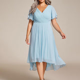 Women's Pleated Wrap Midi Dress with Asymmetric Hem