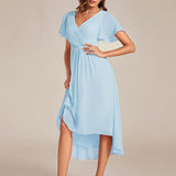 Women's Pleated Wrap Midi Dress with Asymmetric Hem
