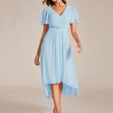Women's Pleated Wrap Midi Dress with Asymmetric Hem