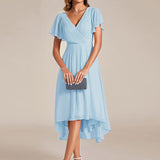 Women's Pleated Wrap Midi Dress with Asymmetric Hem