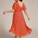 Women's Pleated Wrap Midi Dress with Asymmetric Hem