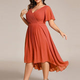 Women's Pleated Wrap Midi Dress with Asymmetric Hem