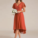 Women's Pleated Wrap Midi Dress with Asymmetric Hem