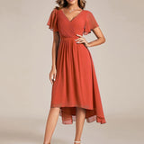 Women's Pleated Wrap Midi Dress with Asymmetric Hem